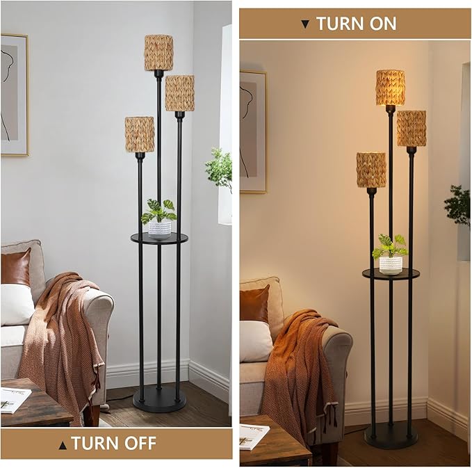 Boho Floor Lamp, 3-Lights Rattan Floor Lamp with Shelves, Farmhouse Floor Lamp with ON/OFF Foot Switch, Rustic Standing Lamp with Rattan Shades, Tall Shelf Floor Lamps for Living Room Bedroom - LeafyLoom