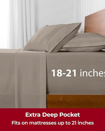 Mellanni Extra Deep Queen Sheets - 4 PC Iconic Collection Bedding Sheets & Pillowcases - Hotel Luxury, Ultra Soft, Cooling Bed Sheets - Extra Deep Pocket up to 21 inch (Queen, Tan) - LeafyLoom