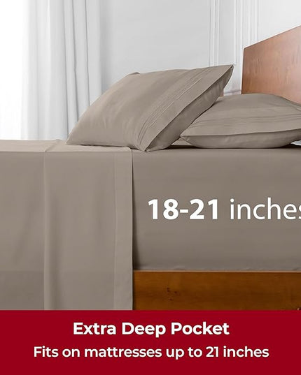 Mellanni Extra Deep Split King Sheets - 5 PC Iconic Collection Bedding Sheets & Pillowcases - Hotel Luxury, Ultra Soft, Cooling Bed Sheets - Extra Deep Pocket up to 21 inch (Split King, Tan) - LeafyLoom