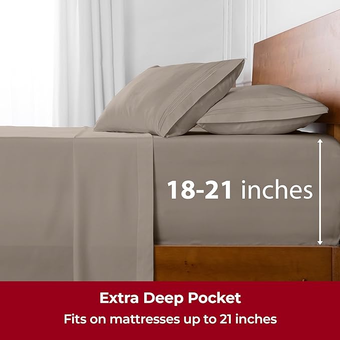 Mellanni Extra Deep Split King Sheets - 5 PC Iconic Collection Bedding Sheets & Pillowcases - Hotel Luxury, Ultra Soft, Cooling Bed Sheets - Extra Deep Pocket up to 21 inch (Split King, Tan) - LeafyLoom