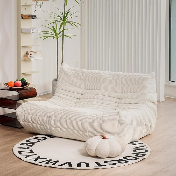 N&V Fireside Loveseat, Mid Century Armless Twin Size Floor Sofa, Soft Premium Corduroy Floor Lounge Chair, Foam Sofa Accent Chair for Living Room Bedroom and Office, Ivory - LeafyLoom