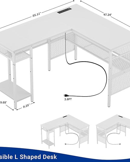 Reversible L Shaped Computer Desk Power Outlets and USB Ports, Large Corner Desk, Sturdy Home Office Gaming Table with Storage, Unique Grid Design Writing Desk, Easy to Assemble, Pure White - LeafyLoom