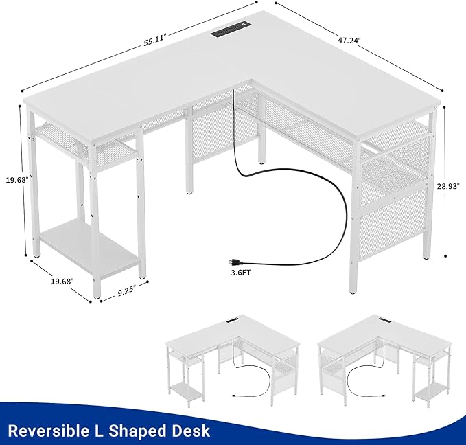 Reversible L Shaped Computer Desk Power Outlets and USB Ports, Large Corner Desk, Sturdy Home Office Gaming Table with Storage, Unique Grid Design Writing Desk, Easy to Assemble, Pure White - LeafyLoom