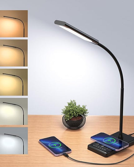LED Desk Lamp, Touch Adjustable Table Lamp with 10W Wireless Charging 5 Modes and 6 Brightness Levels Eye Protection Reading Light 48 LED Memory Function Home Office Desk Light Black - LeafyLoom