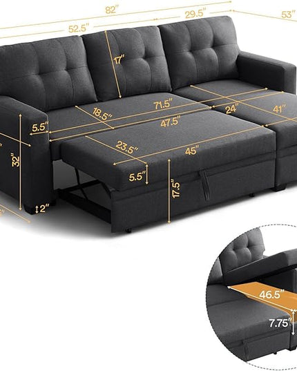 ROOMTEC 82" L-Shaped 3-Seaters Corner Sectional Sofa W/Pull Out Sleeper Couch Bed with Storage Chaise Left/Right Freely Convertible for Home Office Apartment Living Room Dorm - LeafyLoom