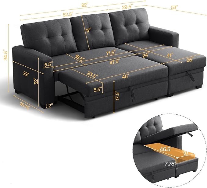 ROOMTEC 82" L-Shaped 3-Seaters Corner Sectional Sofa W/Pull Out Sleeper Couch Bed with Storage Chaise Left/Right Freely Convertible for Home Office Apartment Living Room Dorm - LeafyLoom