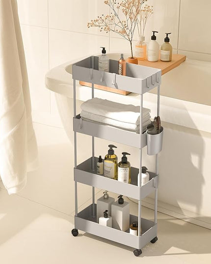 Pipishell Slim Storage Cart with Wheels, 4 Tier Bathroom Storage Organizer Rolling Utility Cart for Bathroom Kitchen Laundry Room Office Narrow Place (Gray) - LeafyLoom