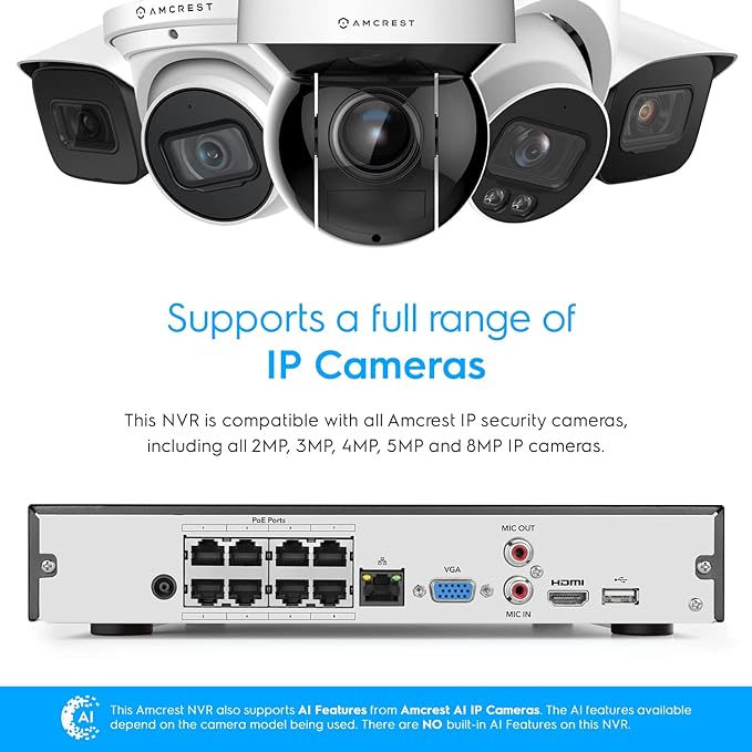 Amcrest NV4108E-A2 4K 8CH POE NVR (1080p/3MP/4MP/5MP/8MP) POE Network Video Recorder - Supports up to 8 x 8MP/4K IP Cameras, 8-Channel Power Over Ethernet Pre-Installed 4TB Hard Drive (NV4108E-4TB) Amcrest