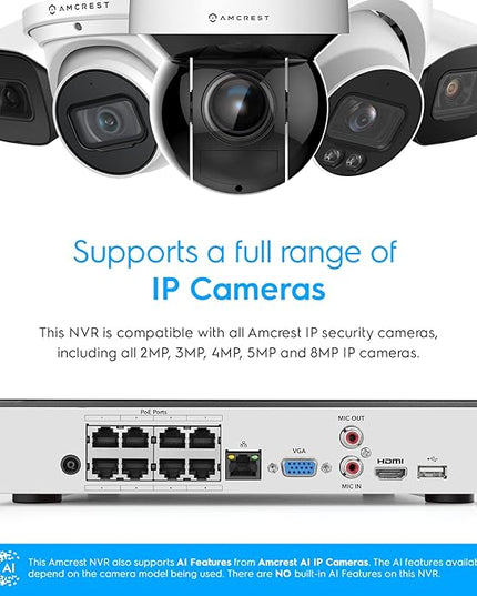 Amcrest NV4108E-A2 4K 8CH POE NVR (1080p/3MP/4MP/5MP/8MP) POE Network Video Recorder - Supports up to 8 x 8MP/4K IP Cameras, 8-Channel Power Over Ethernet Supports up to 10TB HDD (Not Included) Amcrest