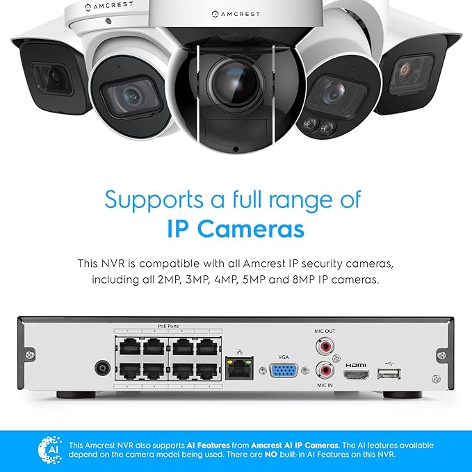 Amcrest NV4108E-A2 4K 8CH POE NVR (1080p/3MP/4MP/5MP/8MP) POE Network Video Recorder - Supports up to 8 x 8MP/4K IP Cameras, 8-Channel Power Over Ethernet Supports up to 10TB HDD (Not Included) Amcrest