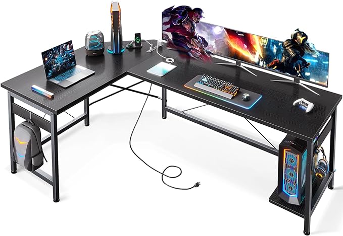 Coleshome 66" L Shaped Gaming Desk with Outlet, L Shaped Desk with CPU Stand, Corner Computer Desk, Home Office Desk, Writing Desk, Black - LeafyLoom