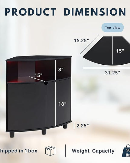 Berg Modern 31-inch 16 Colors LED Corner Cabinet with Doors and 2 Shelves, USB Charge Cord, Small TV Stand for Living Room, Home Office, Black Pure - LeafyLoom