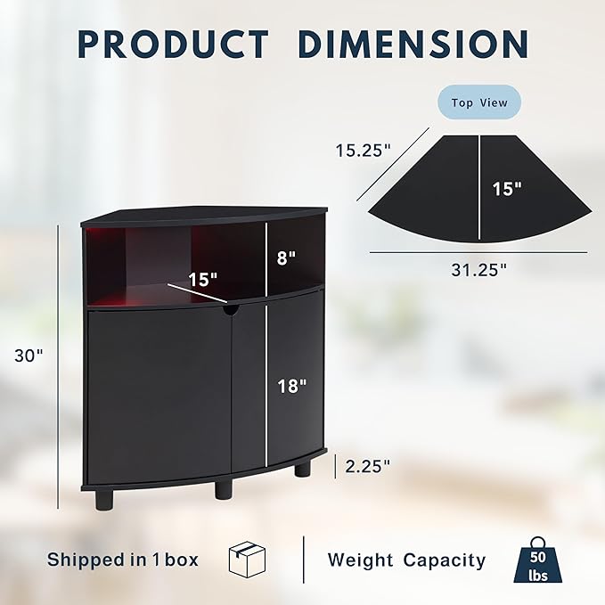 Berg Modern 31-inch 16 Colors LED Corner Cabinet with Doors and 2 Shelves, USB Charge Cord, Small TV Stand for Living Room, Home Office, Black Pure - LeafyLoom