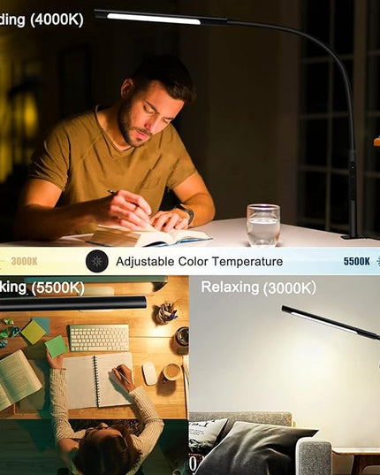 Desk Lamp, Eye-Caring Desk Light, Gooseneck Lamp with Clamp, Adjustable Color Temperature & Brightness, Clip on Lamp with Memory & Timer Function, Clamp Lamp for Home Office, 12W, Black - LeafyLoom