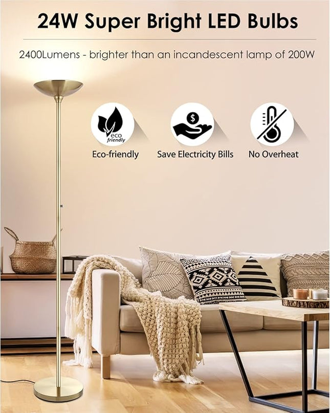 BoostArea Torchiere Floor Lamp Gold, 24W Super Bright LED Standing Lamp, 3000K Stepless Dimmable Pole Lamp with Rotary Switch, 70 Inch Tall Metal Modern Floor Lamps for Living Room/Bedroom/Office/Den - LeafyLoom