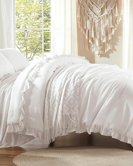 Anluoer Queen Comforter Set 7 Piece, White Bed in a Bag with Sheets, All Season Ruffle Shabby Chic Bedding Sets with 1 Comforter, 2 Pillow Shams, 2 Pillowcases, 1 Flat Sheet, 1 Fitted Sheet - LeafyLoom
