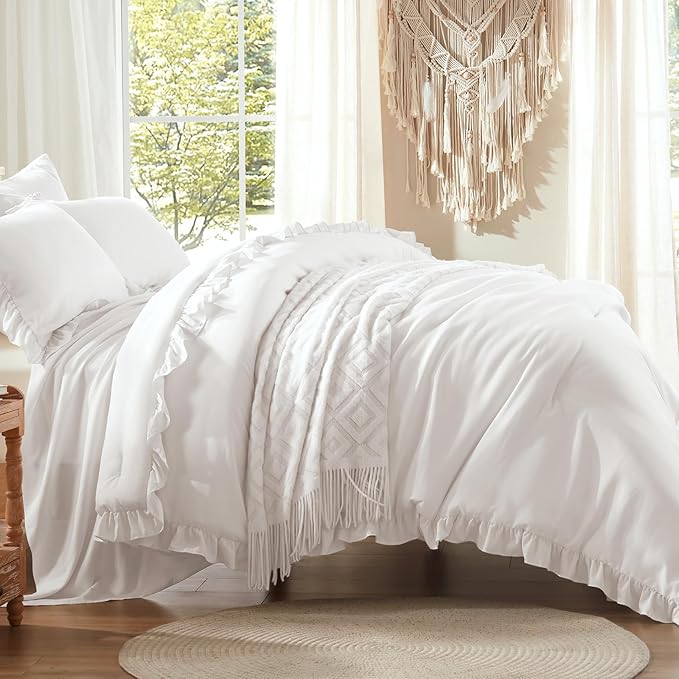 Anluoer Queen Comforter Set 7 Piece, White Bed in a Bag with Sheets, All Season Ruffle Shabby Chic Bedding Sets with 1 Comforter, 2 Pillow Shams, 2 Pillowcases, 1 Flat Sheet, 1 Fitted Sheet - LeafyLoom