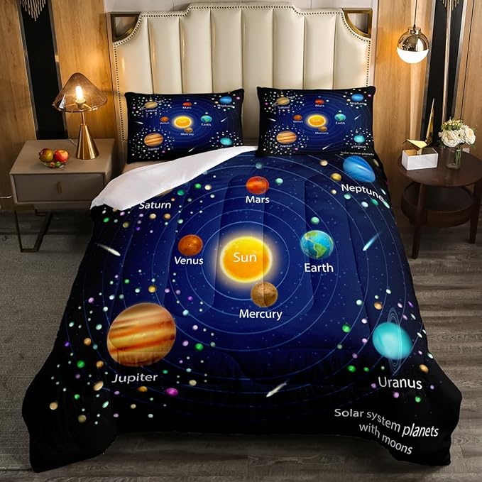 Erosebridal Kids Outer Space Comforter Set, Boys Starry Sky Galaxy Duvet Sets Twin Size Planet Space Down Comforter for Girls Teens Adult Bedroom Decor, Solar System Cosmos Bedding Set, Blue Purple - LeafyLoom