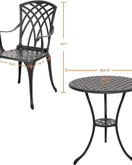 NUU GARDEN Patio Bistro Sets 3 Piece Cast Aluminum Bistro Table and Chairs Set with Umbrella Hole Bistro Set of 2 for Patio Backyard, Black - LeafyLoom