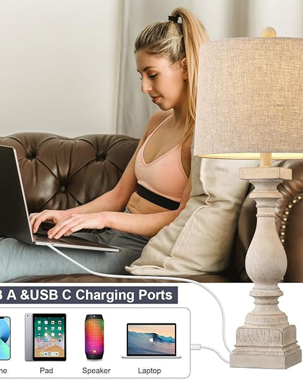 BOBOMOMO Retro 27" USB Charging Ports A/C Wash-White Farmhouse Lamps for Bedrooms Side Table Lamps Bedside Lamp for Nightstand Living Room 1 Pack - LeafyLoom