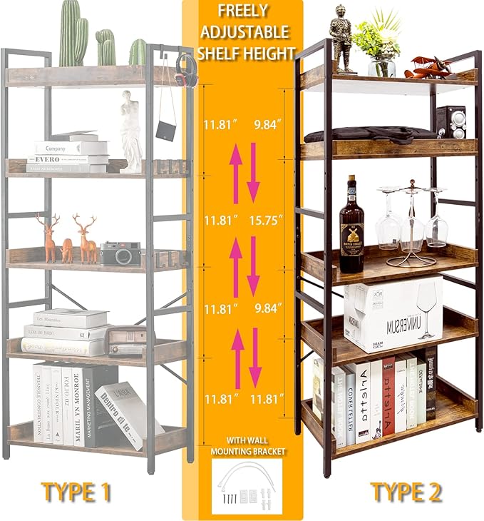 HCHQHS Adjustable 5 Tier Open Bookcase, Rustic Farmhouse Book Shelves, Industrial Wood and Black Metal Bookshelves, Mid Century Bookcase for Home Office Living Room Bedroom - LeafyLoom