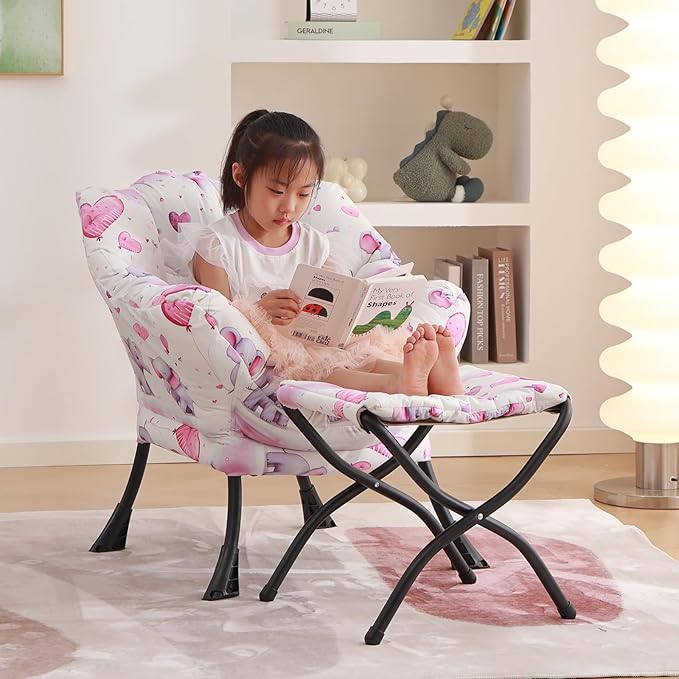 Welnow Toddler Kids Lazy Chair with Ottoman, Glow in The Dark Accent Comfy Lounge Children Armchair Couch with Removable Cover, Detachable Reading Chair with Footrest for Boy or Girl, Pink Elephant - LeafyLoom