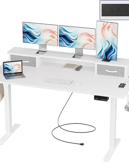 JOISCOPE 55 Inch Electric Standing Adjustable Height Desk with Double Drawer, Home Office Computer Gaming Desk with Storage Shelf and Power Outlets, Sit Stand Desk, White - LeafyLoom