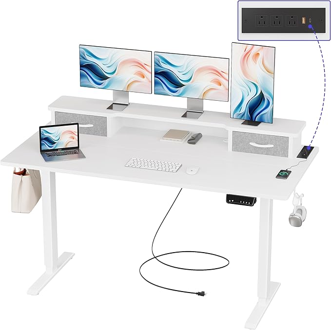 JOISCOPE 55 Inch Electric Standing Adjustable Height Desk with Double Drawer, Home Office Computer Gaming Desk with Storage Shelf and Power Outlets, Sit Stand Desk, White - LeafyLoom