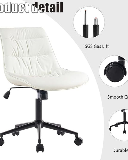 Kidol & Shellder Armless Office Chair Desk Chair Comfy Makeup Vanity Chair with Back Ergonomic Swivel Chair Home Office Desk Chairs with Wheels Rolling Computer Chair Bedroom Accent Chair(White) - LeafyLoom
