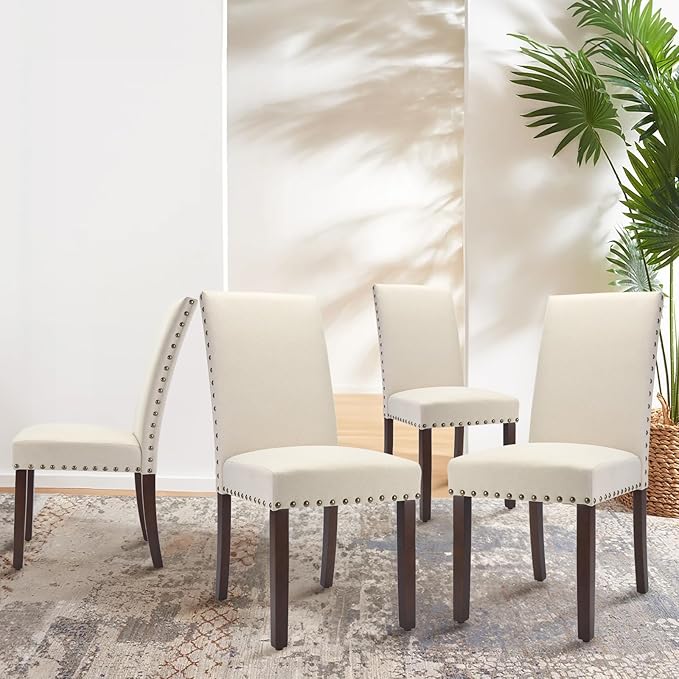 COLAMY Modern Wood Dining Chairs Set of 4,19 Inch Parsons Dining Chairs, High Back Padded Chairs with Nailed Trim, Kitchen Dining Room Chairs, Beige - LeafyLoom