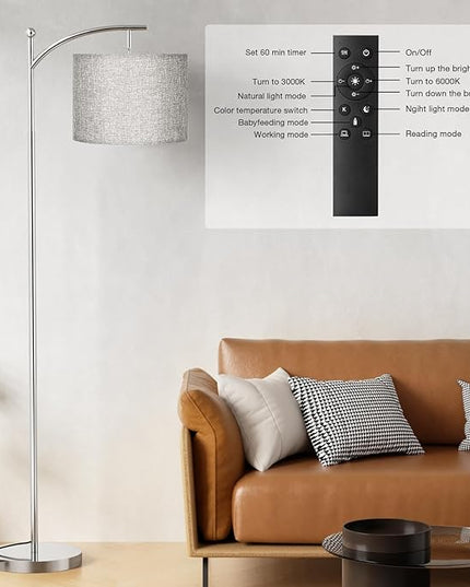 Ambimall Floor Lamp with Remote Control and Stepless Dimmable Bulb, Colors Temperature & Brightness Adjustable, Modern Floor Lamps for Living Room（Grey Shade & Silver Pole） - LeafyLoom
