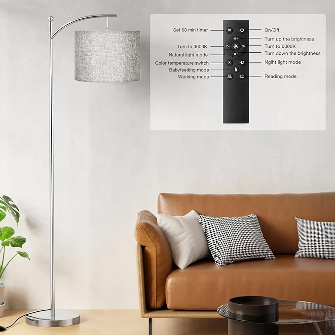 Ambimall Floor Lamp with Remote Control and Stepless Dimmable Bulb, Colors Temperature & Brightness Adjustable, Modern Floor Lamps for Living Room（Grey Shade & Silver Pole） - LeafyLoom