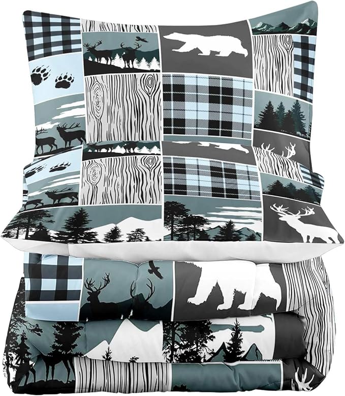 LUVIVIHOME 2PCS Bear Deer Comforter Set Twin Size, Elk Moose Woodland Forest Animal Wildlife Hunting Country Lodge Rustic Farmhouse Cabin Bedding, Black & Blue Plaid Patchwork Quilt, 1 Pillow Case - LeafyLoom