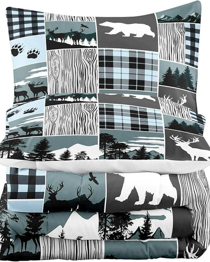 LUVIVIHOME 3PCS Bear Deer Comforter Set Queen Size, Elk Moose Woodland Forest Animal Wildlife Hunting Country Lodge Rustic Farmhouse Cabin Bedding, Black & Blue Plaid Patchwork Quilt, 2 Pillow Cases - LeafyLoom