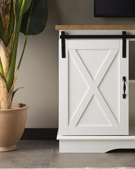 Walker Edison Richmond Modern Farmhouse Sliding Barn Door TV Stand for TVs up to 65 Inches, 58 Inch, White and Rustic Oak - LeafyLoom