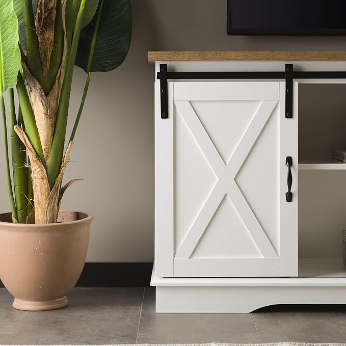 Walker Edison Richmond Modern Farmhouse Sliding Barn Door TV Stand for TVs up to 65 Inches, 58 Inch, White and Rustic Oak - LeafyLoom
