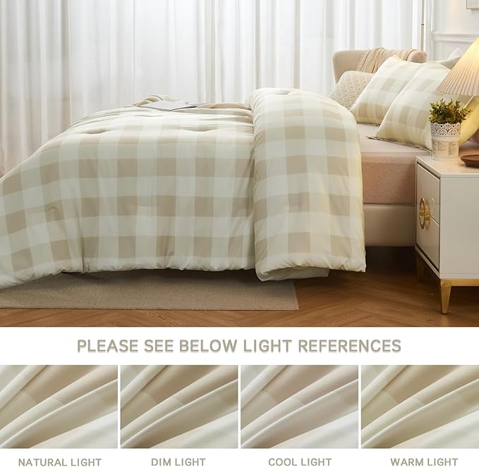 Andency Beige Grid Comforter Set Full Size (79x90 Inch), 3 Pieces(1 Grid Comforter and 2 Pillowcases), Summer Lightweight Microfiber Down Alternative Beige Comforter - LeafyLoom