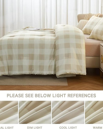 Andency Beige Grid King Size Comforter Set (104x90 Inch), 3 Pieces(1 Grid Comforter and 2 Pillowcases), Summer Lightweight Microfiber Down Alternative Beige Comforter - LeafyLoom