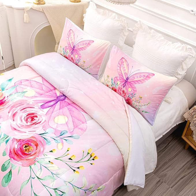 CVHOUSE Butterfly Comforter Set,Floral Butterfly Bedding Set for Girls Kids Teens,Flower Butterflies Comforter Butterflies Duvet Set Room Decor Quilt Set Twin Size - LeafyLoom