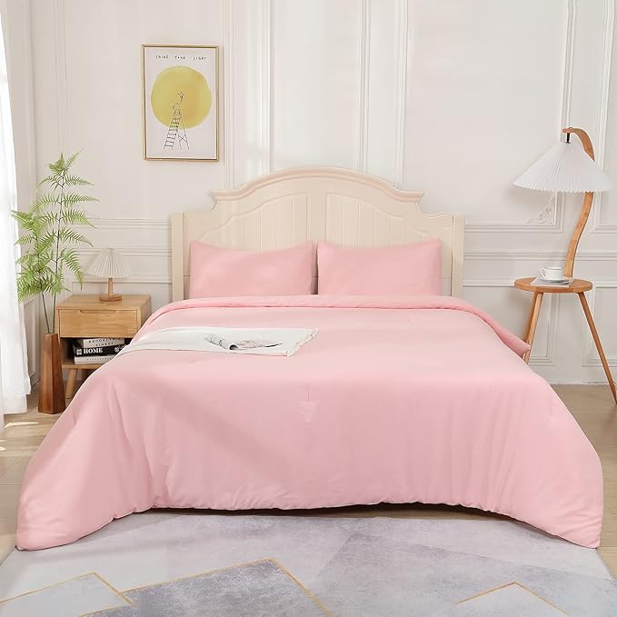 Pink Comforter King Size, Aesthetic Modern Bedding Set for Girls/Women, Cute Soft & Lightweight Chic Microfiber Bed Sets, 3 pcs-1 Comforter & 2 Pillowcases (104x90 Inches) - LeafyLoom