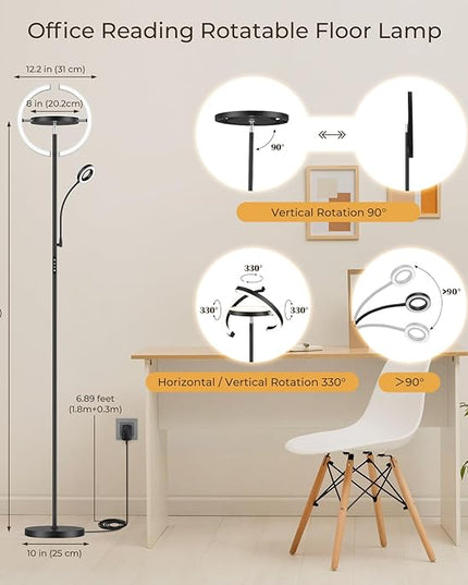 FIMEI 3 in 1 Floor Lamp, Modern Bright Standing Lamp with Split Rotatable Outer Ring Light and Small Reading Light, 4 Color Temperature and Dimmable, 3-Way Independent Control for Living Room Office - LeafyLoom