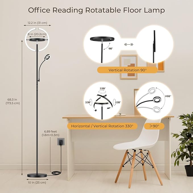 FIMEI 3 in 1 Floor Lamp, Modern Bright Standing Lamp with Split Rotatable Outer Ring Light and Small Reading Light, 4 Color Temperature and Dimmable, 3-Way Independent Control for Living Room Office - LeafyLoom