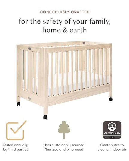 Babyletto Maki Full-Size 2-in-1 Portable Folding Crib with Toddler Bed Conversion Kit in Washed Natural, Greenguard Gold Certified - LeafyLoom