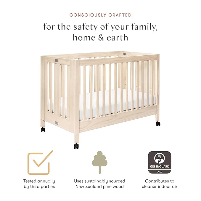 Babyletto Maki Full-Size 2-in-1 Portable Folding Crib with Toddler Bed Conversion Kit in Washed Natural, Greenguard Gold Certified - LeafyLoom