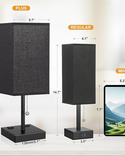aooshine Black Table Lamp for Bedroom - 3 Color Temperature 3000K 5000K 4000K Bedside Lamp, Pull Chain Control, USB A and C Ports, AC Outlets, Bulb Included, Medium - LeafyLoom