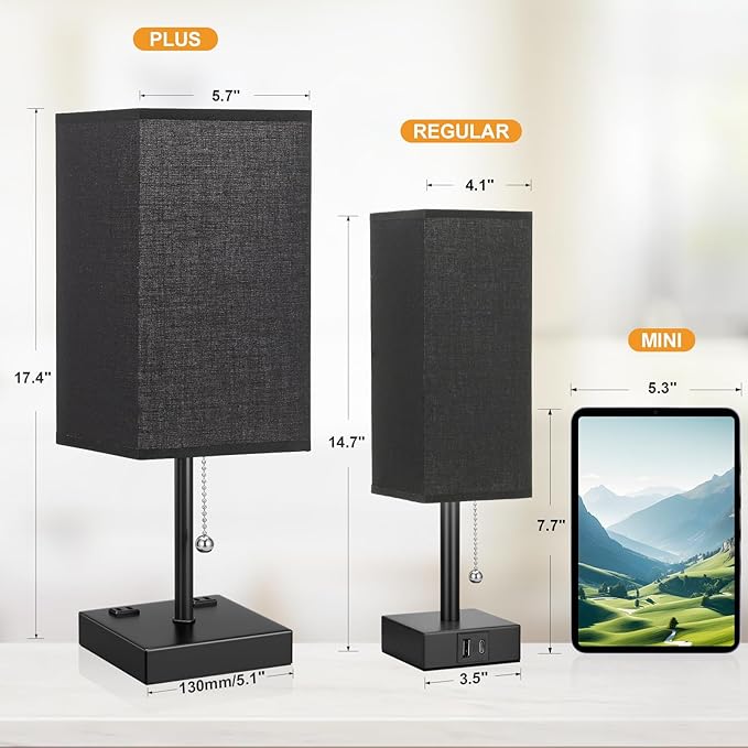 aooshine Black Table Lamp for Bedroom - 3 Color Temperature 3000K 5000K 4000K Bedside Lamp, Pull Chain Control, USB A and C Ports, AC Outlets, Bulb Included, Medium - LeafyLoom