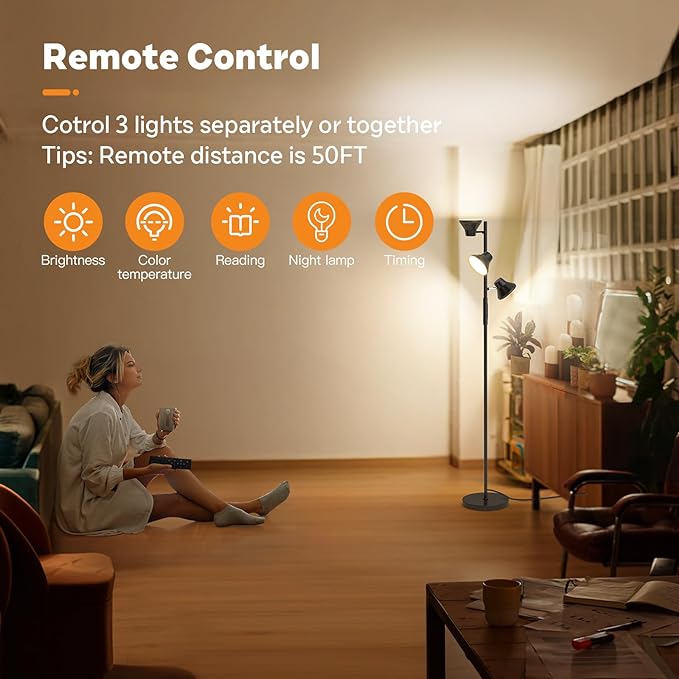 2024 Upgraded LED Floor Lamp, 36W Modern Floor Lamp with Remote & Touch Control, 4 Color Temperatures, Standing Lamp with 3 Rotatable Lights, Floor Lamps for Living Room, Bedroom, Office - LeafyLoom
