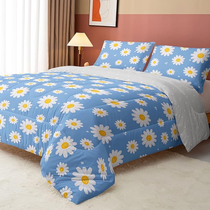 Datura home Flower Comforter Set Blue Daisy Floral Printed Pattern Quilt Bedding with 1 and 2 Pillowcases for Girls Women Bedroom All Season(Blue Twin) Twin 68x86inches - LeafyLoom
