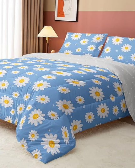 Datura home Flower Comforter Set Blue Daisy Floral Printed Pattern Quilt Bedding with 1 and 2 Pillowcases for Girls Women Bedroom All Season(Blue Queen) Queen 90x90inches - LeafyLoom