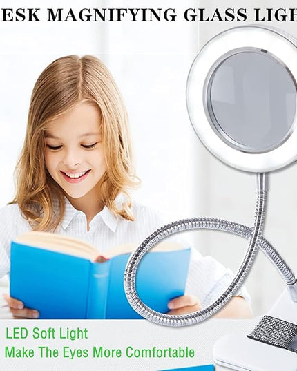 Magnifying Glass with Light and Stand, Desk Lamp LED light with USB Powered,Adjustable Flexible Gooseneck,clip on desktop & bed for Reading, Crafts;studio for Daily Hobbies Repairing. - LeafyLoom